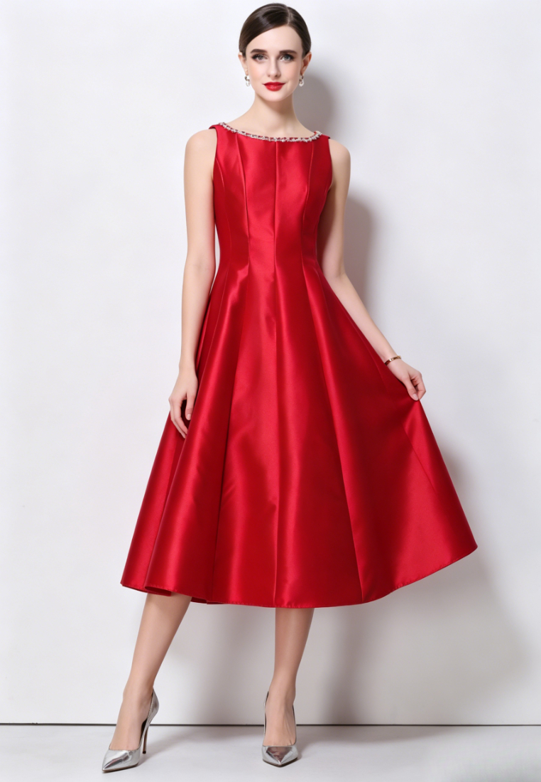 Elegant Satin A-Line Midi Cocktail Dress with Beaded Neckline K26061501