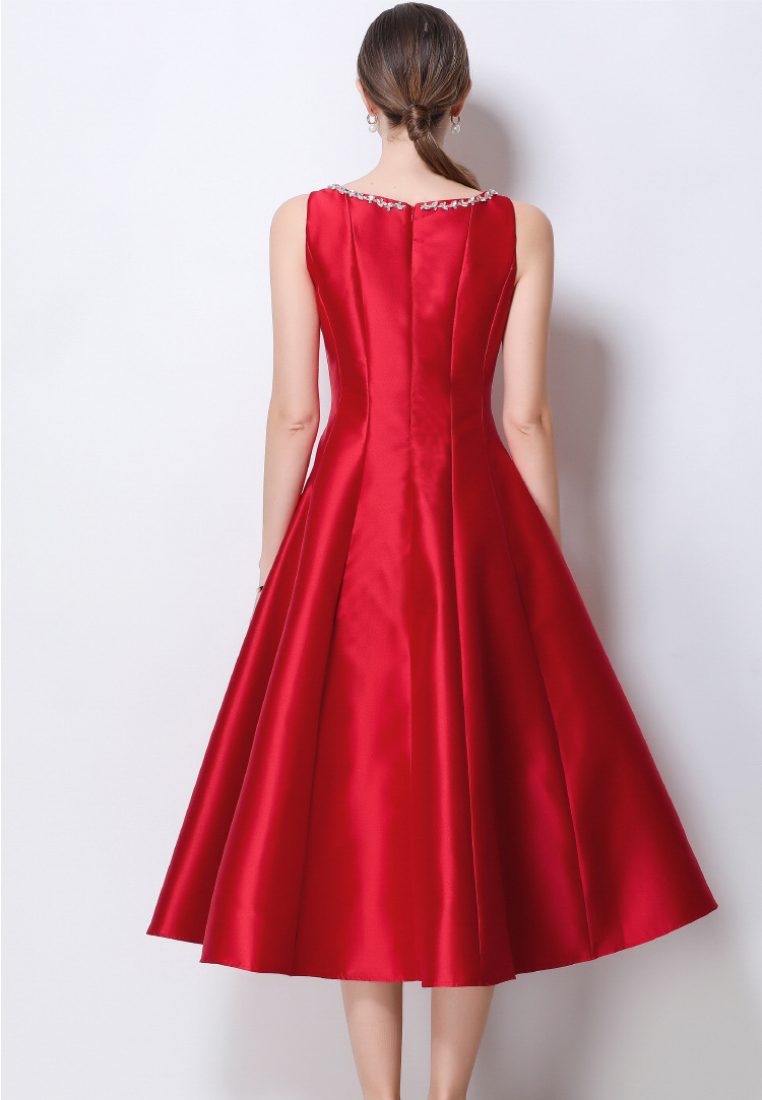 Elegant Satin A-Line Midi Cocktail Dress with Beaded Neckline K26061501