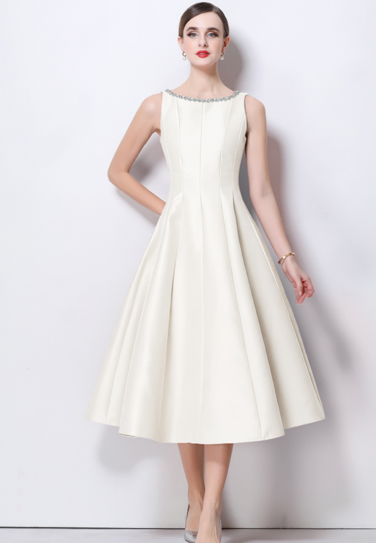 Elegant Satin A-Line Midi Cocktail Dress with Beaded Neckline K26061501