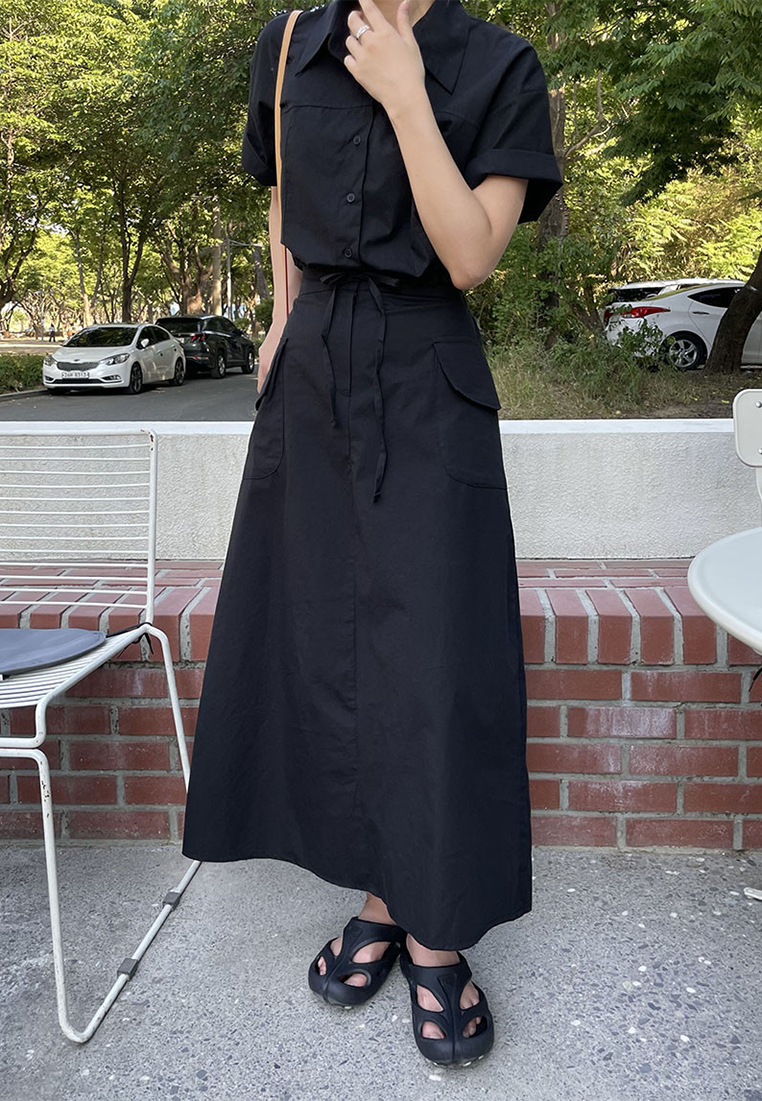 Early spring Korean style drawstring short shirt + large pocket skirt suit CA25022417BK