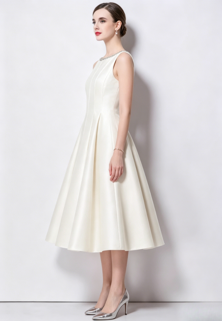 Elegant Satin A-Line Midi Cocktail Dress with Beaded Neckline K26061501