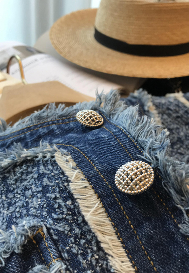 Light luxury personality retro hook flower raw edge denim vest CA110217