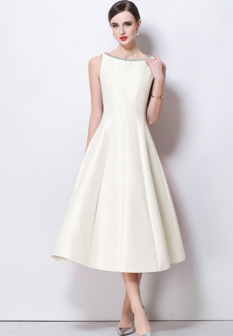 Elegant Satin A-Line Midi Cocktail Dress with Beaded Neckline K26061501