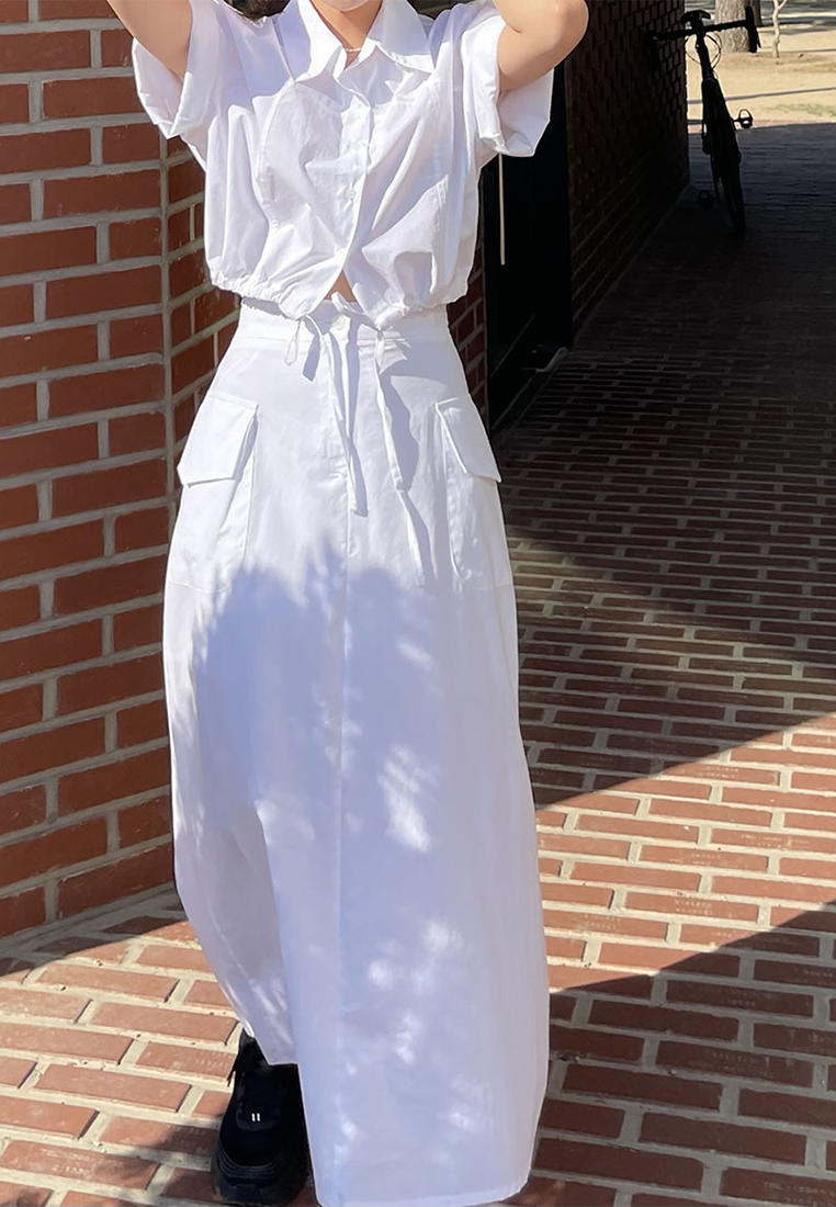 Early spring Korean style drawstring short shirt + large pocket skirt suit CA25022417BK