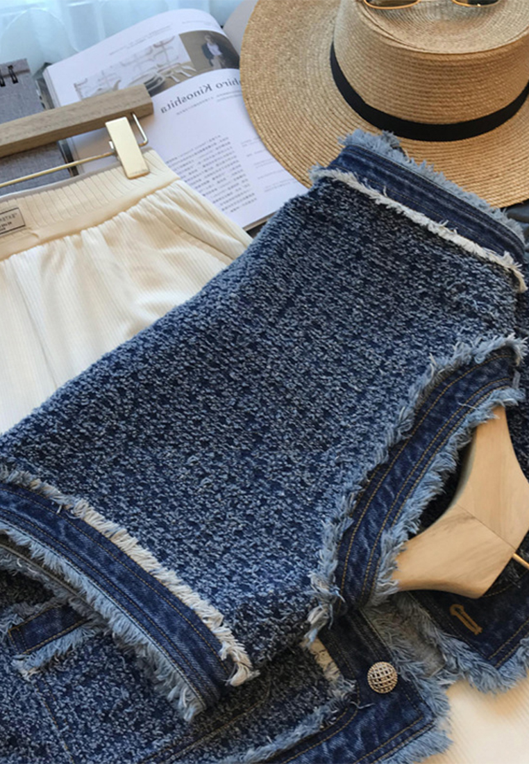 Light luxury personality retro hook flower raw edge denim vest CA110217