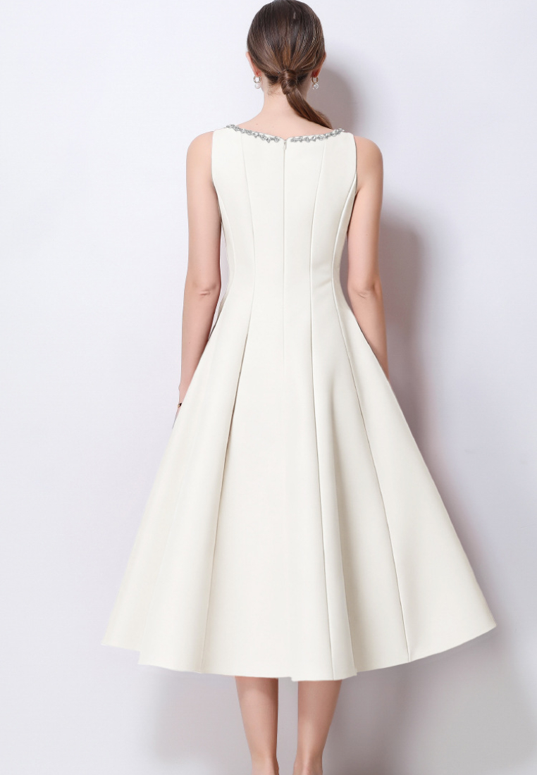 Elegant Satin A-Line Midi Cocktail Dress with Beaded Neckline K26061501
