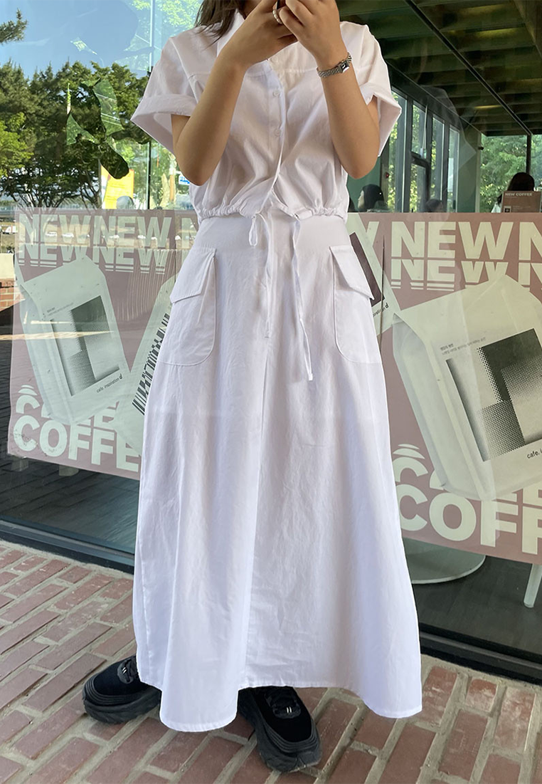 Early spring Korean style drawstring short shirt + large pocket skirt suit CA25022417BK