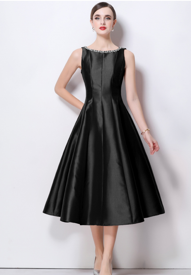 Elegant Satin A-Line Midi Cocktail Dress with Beaded Neckline K26061501