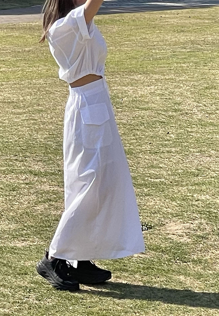 Early spring Korean style drawstring short shirt + large pocket skirt suit CA25022417BK