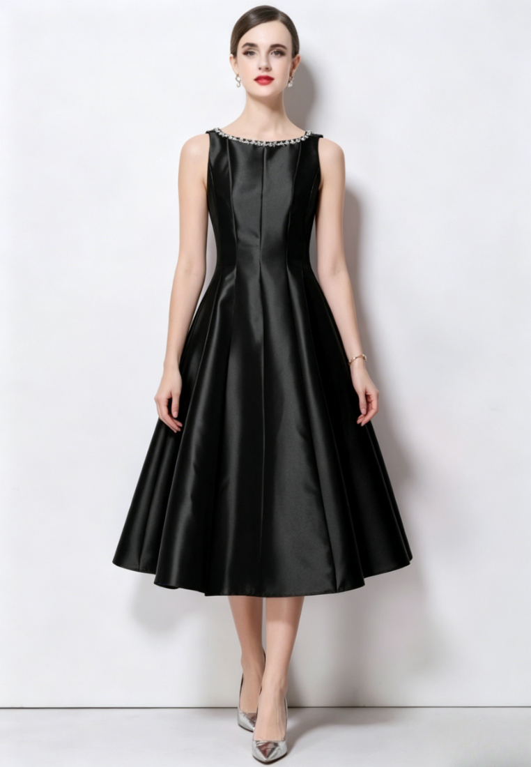 Elegant Satin A-Line Midi Cocktail Dress with Beaded Neckline K26061501