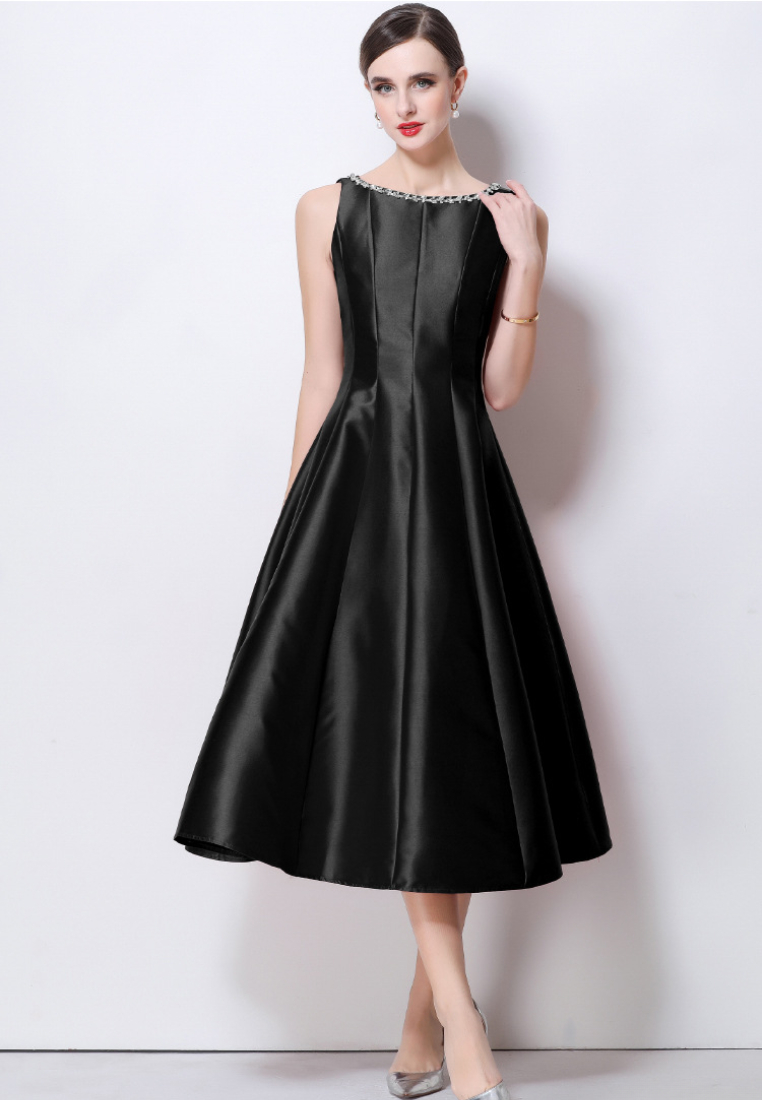 Elegant Satin A-Line Midi Cocktail Dress with Beaded Neckline K26061501