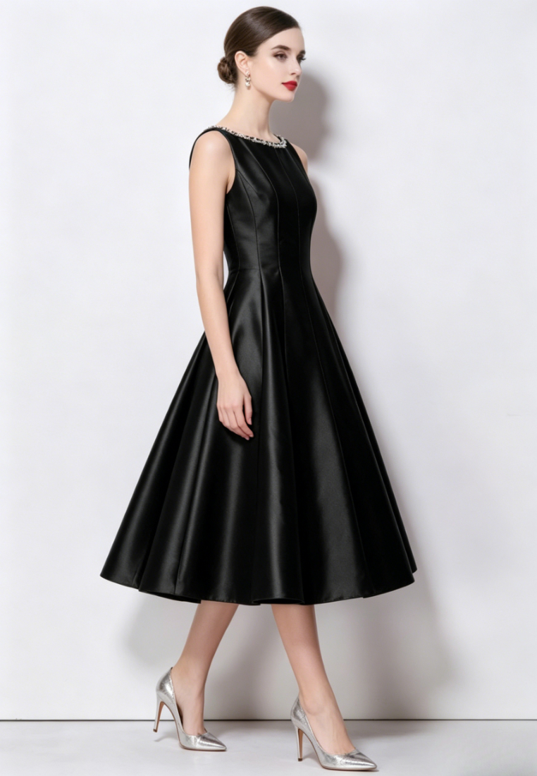 Elegant Satin A-Line Midi Cocktail Dress with Beaded Neckline K26061501