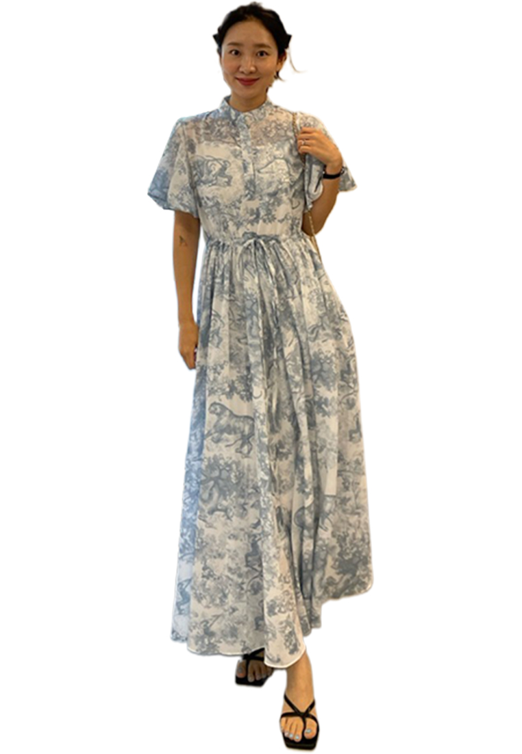 Summer vintage ink wash lace up chiffon dress CA25032717RD