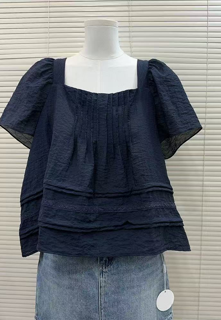 Summer French Navy Blue Square Neck Short Sleeve Baby Shirt CA25061718BK