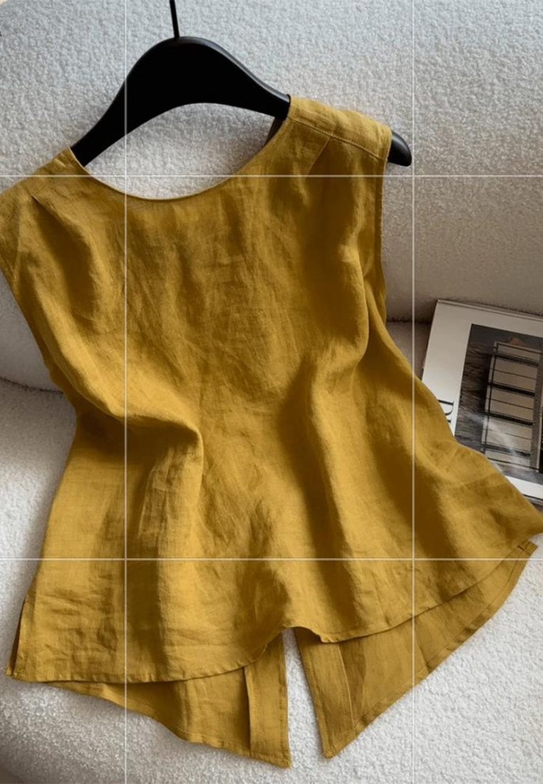 New summer retro round neck linen sleeveless top CA25070917YE