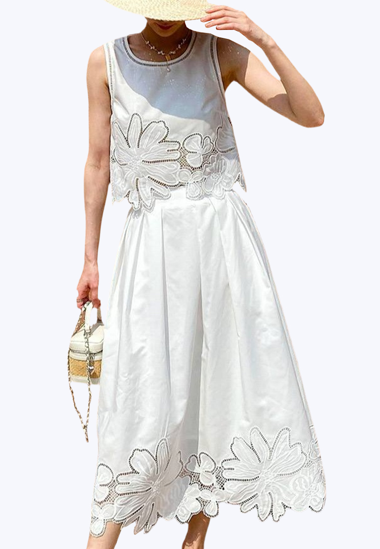 French Embroidered Sleeveless Vest High Waist Skirt Set CA25070917W