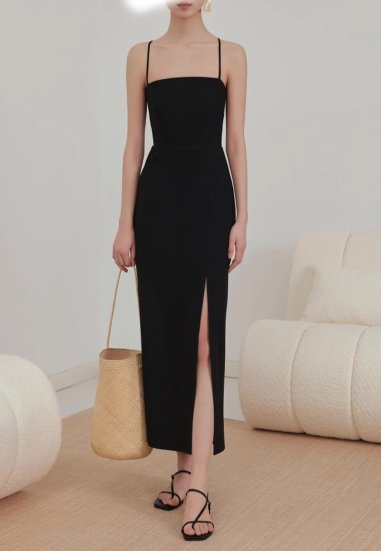 2025 Summer New Backless Slit Suspender Little Black Dress CA25032717BK
