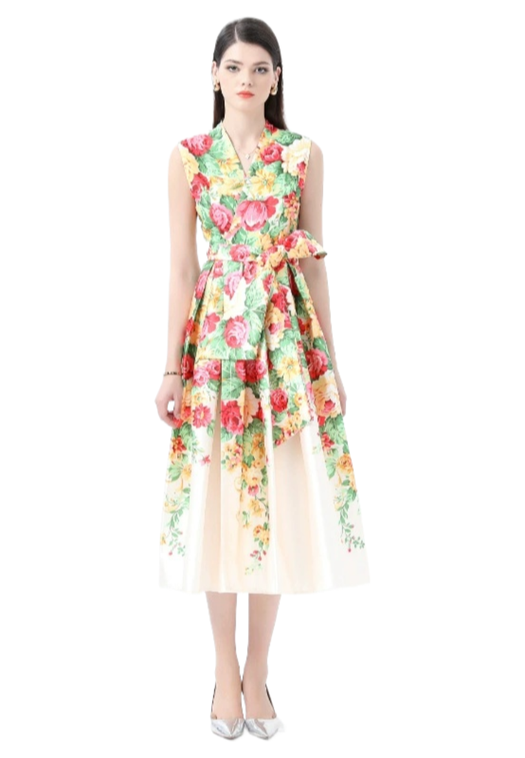 Spring lace up style V-neck sleeveless printed dress CA25031217BE