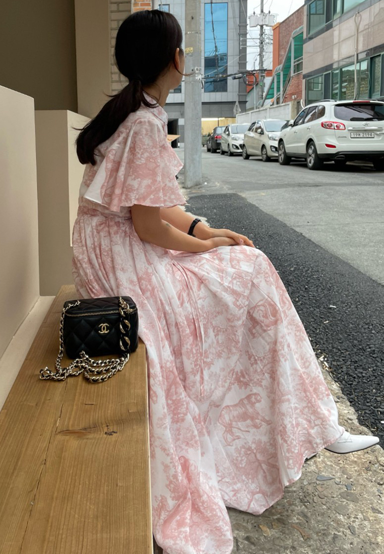 Summer vintage ink wash lace up chiffon dress CA25032717RD