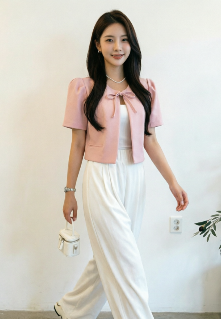 Chic Style Puff Sleeve Tie Front Cropped Cardigan K26050506