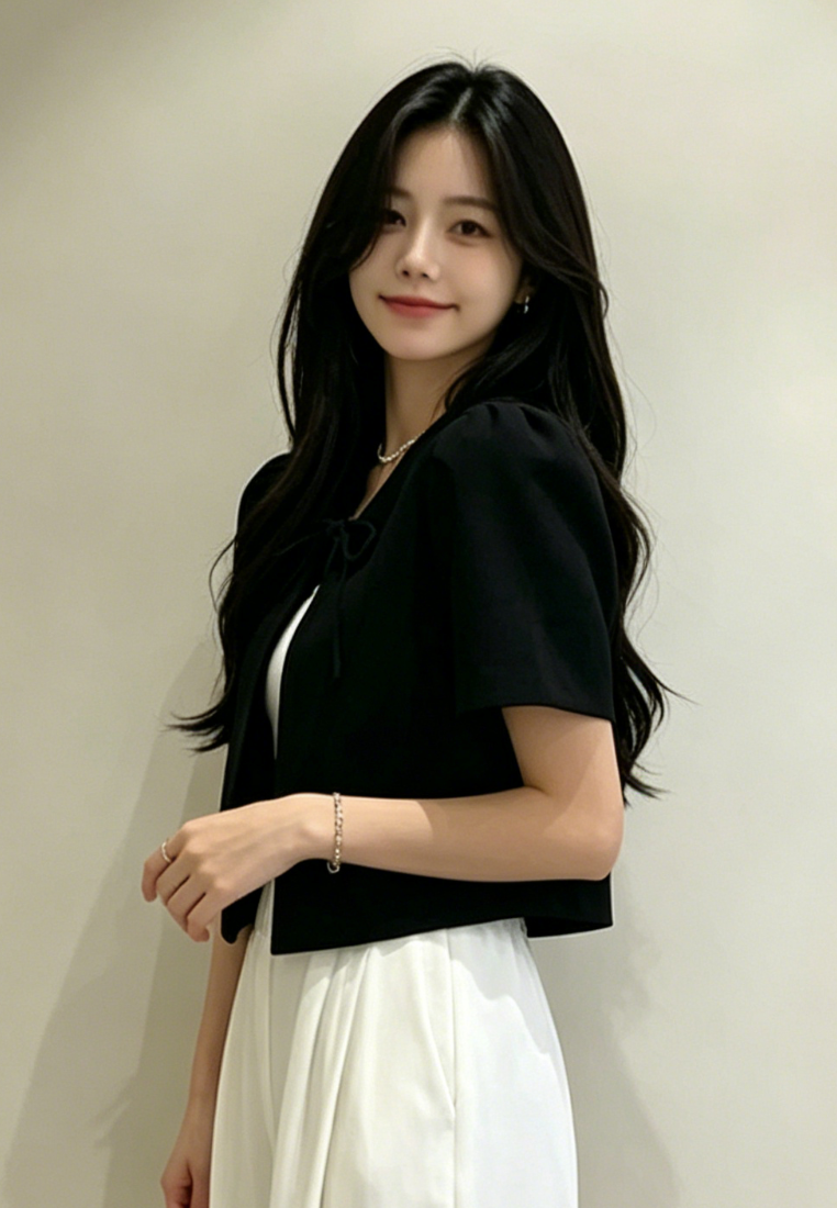 Chic Style Puff Sleeve Tie Front Cropped Cardigan K26050506