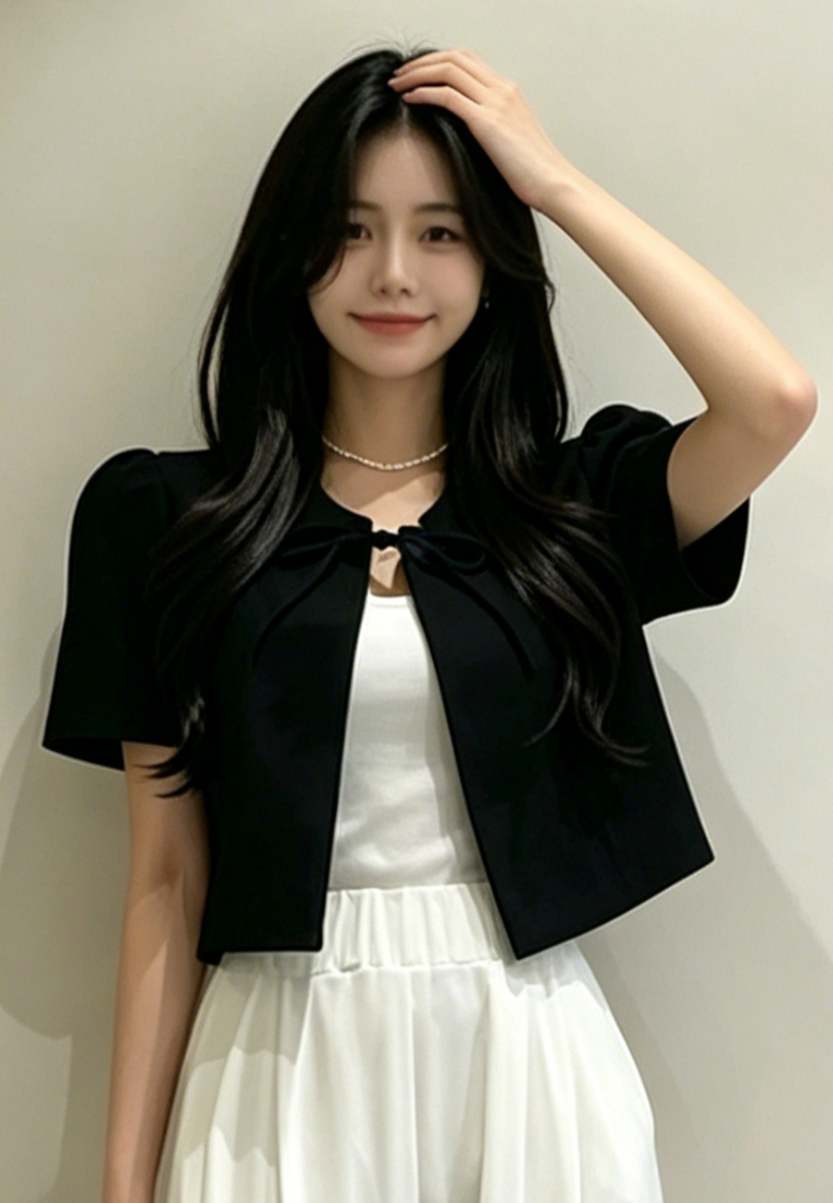 Chic Style Puff Sleeve Tie Front Cropped Cardigan K26050506