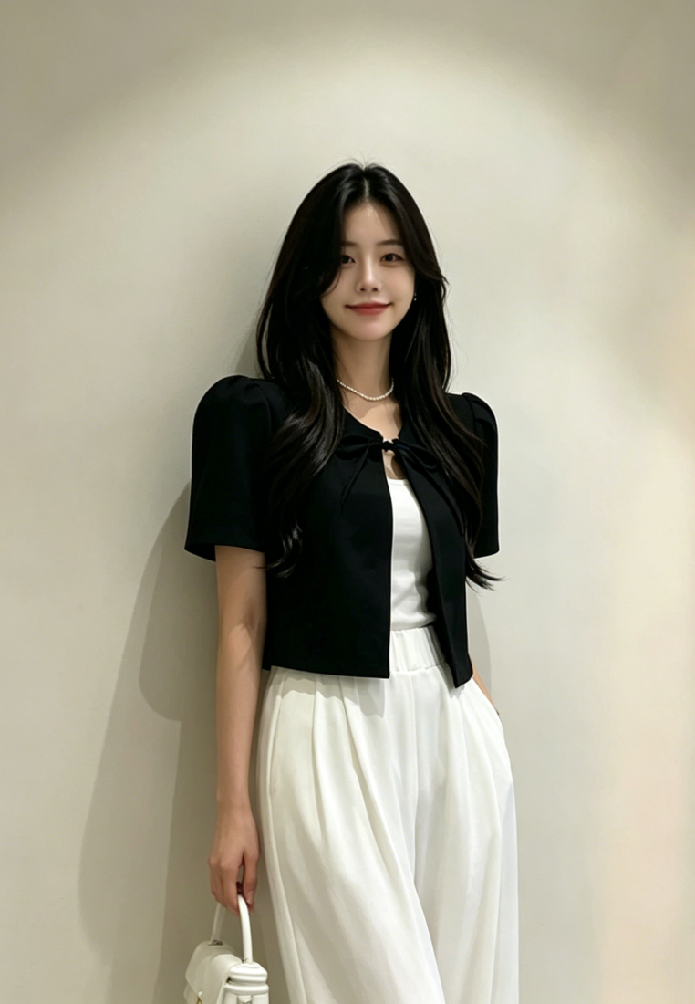 Chic Style Puff Sleeve Tie Front Cropped Cardigan K26050506