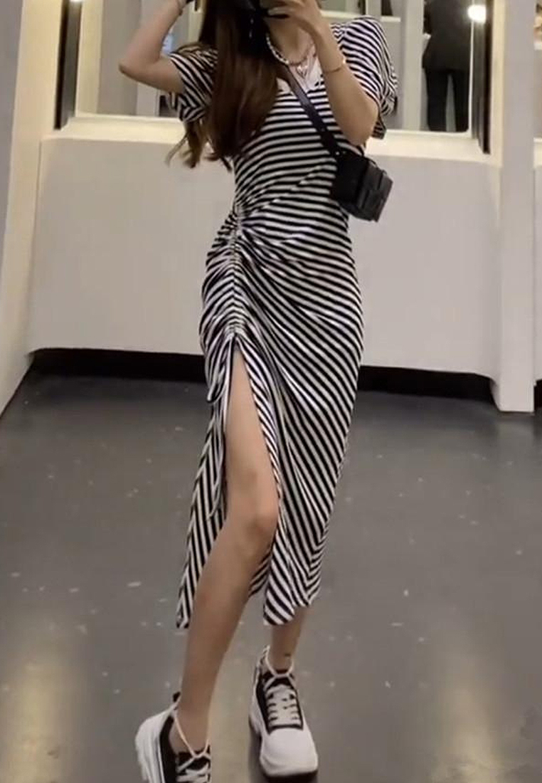 Summer new fashion striped side slit knitted dress CA24050617BK