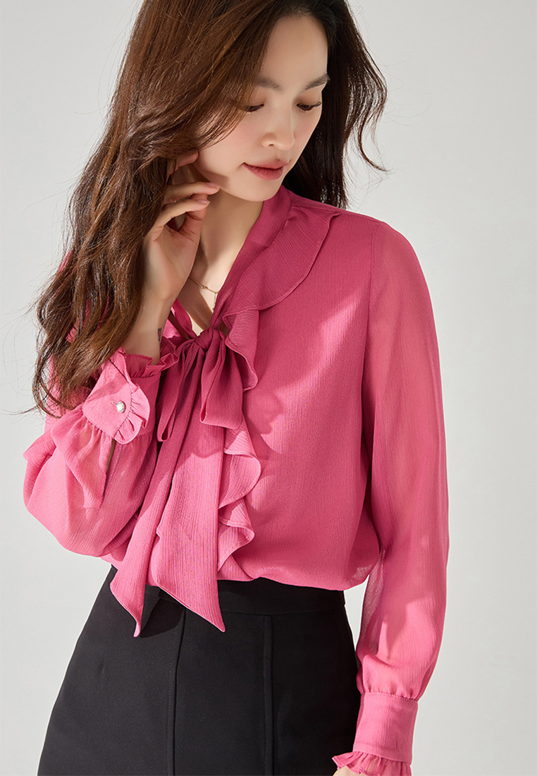 2024 French pink ruffle neck chiffon top CA24091117PI