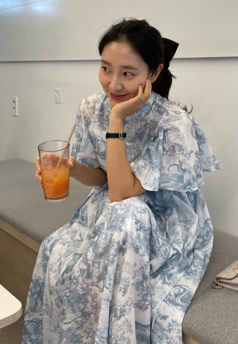 Summer vintage ink wash lace up chiffon dress CA25032717RD