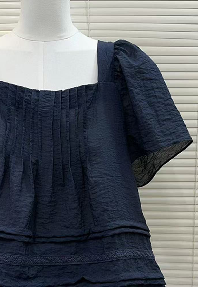 Summer French Navy Blue Square Neck Short Sleeve Baby Shirt CA25061718BK