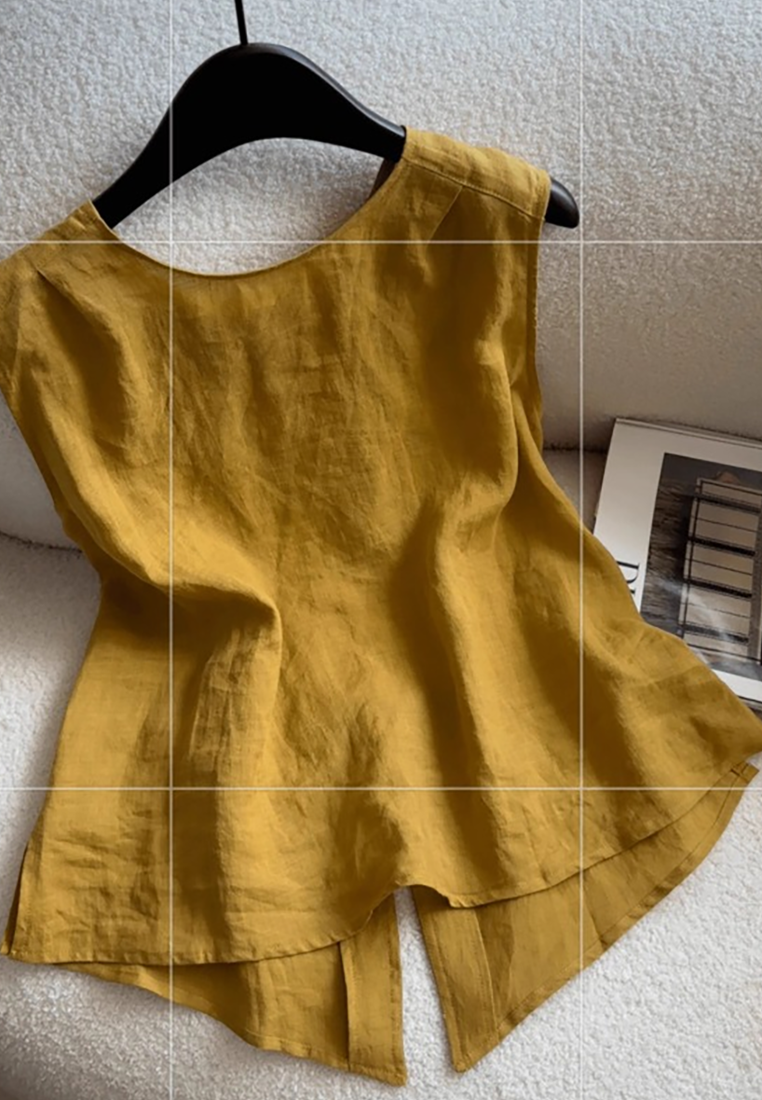 New summer retro round neck linen sleeveless top CA25070917YE