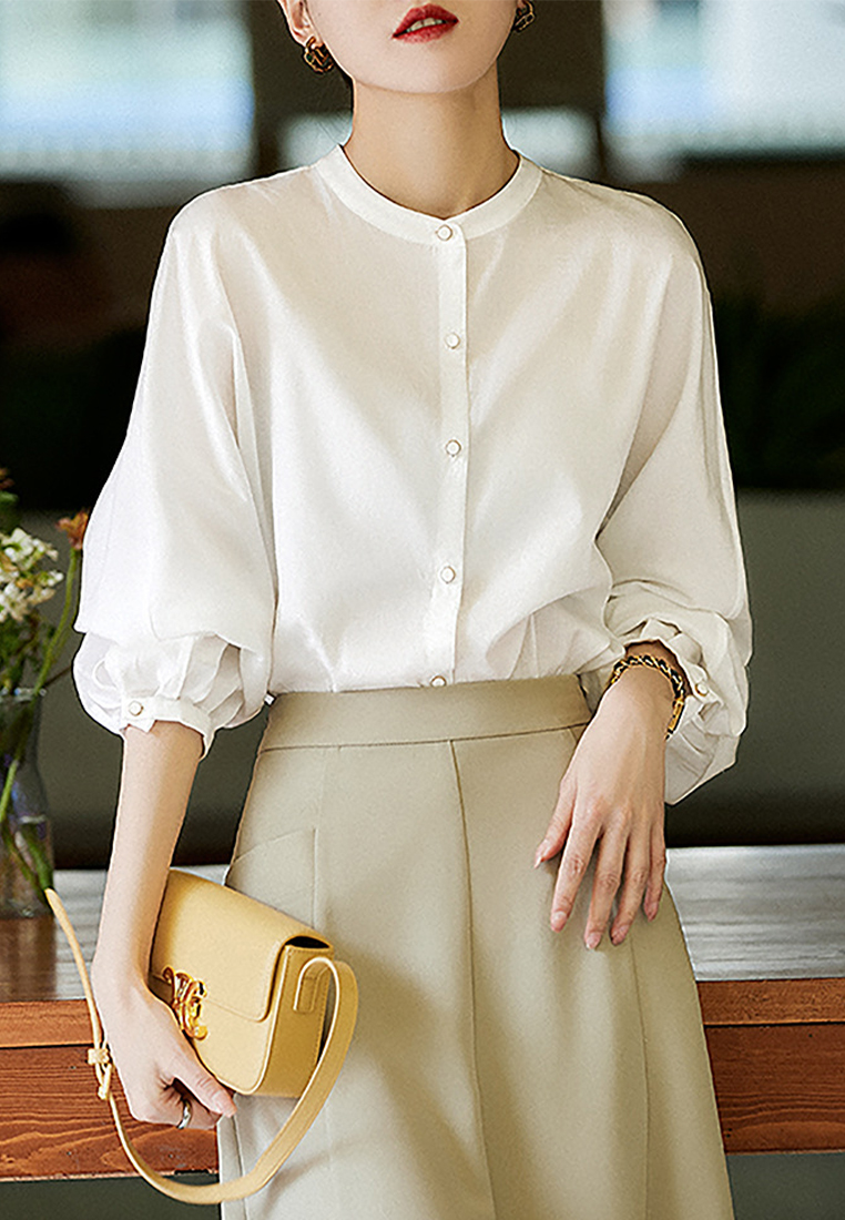 Stylish Lantern Sleeve Design White Blouse CA090817