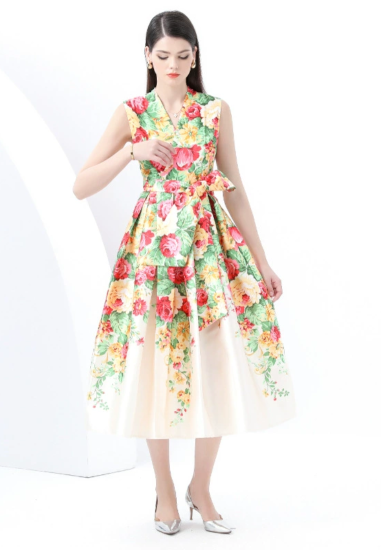 Spring lace up style V-neck sleeveless printed dress CA25031217BE