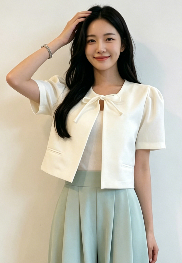 Chic Style Puff Sleeve Tie Front Cropped Cardigan K26050506