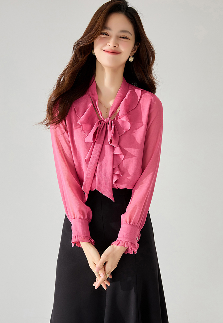 2024 French pink ruffle neck chiffon top CA24091117PI