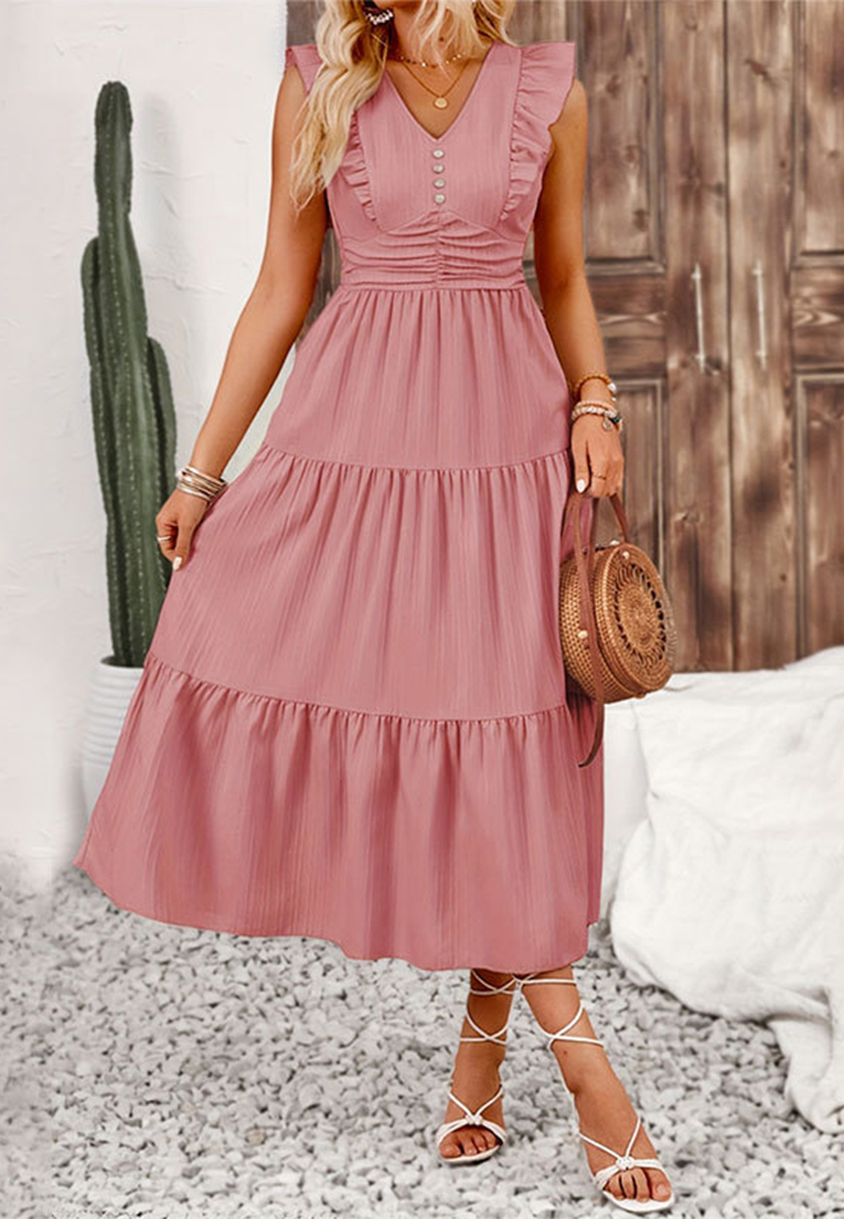 Solid color jacquard long sleeveless dress CA25042217PI