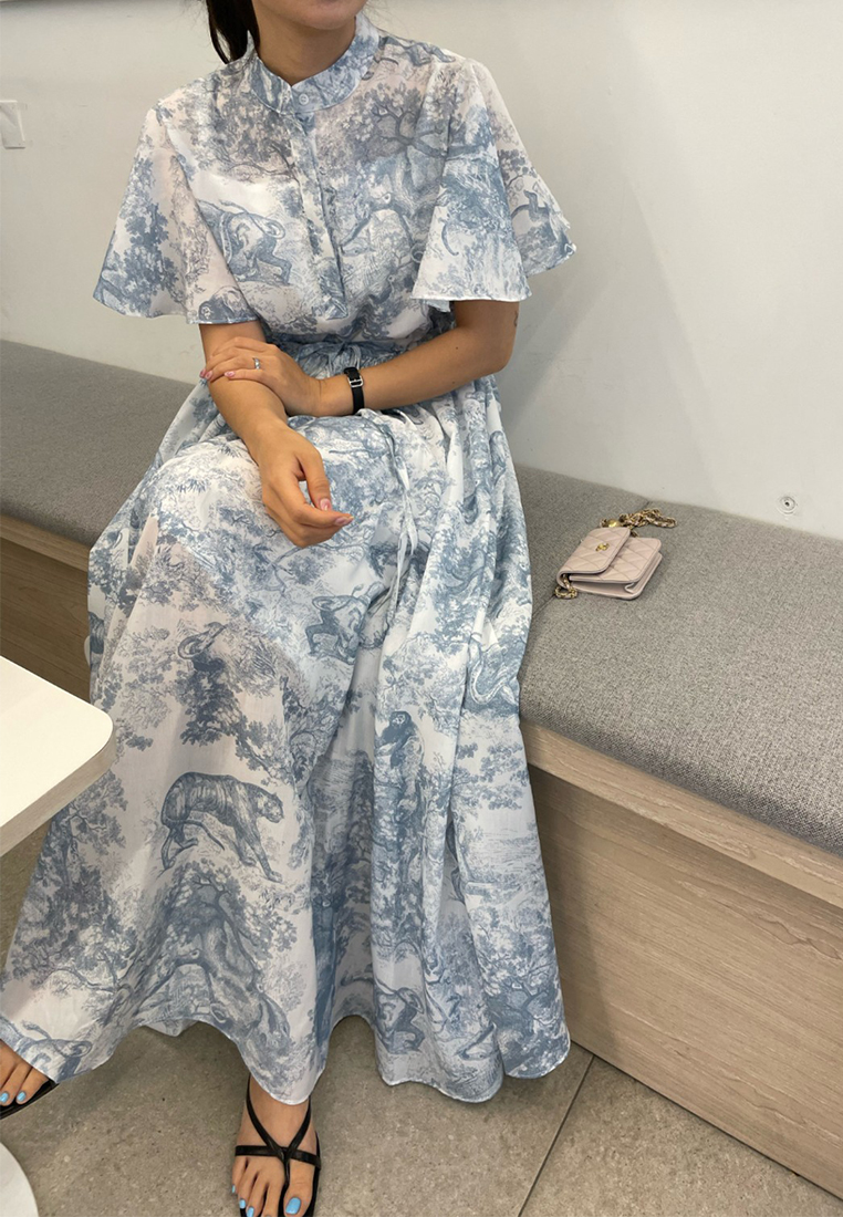 Summer vintage ink wash lace up chiffon dress CA25032717RD