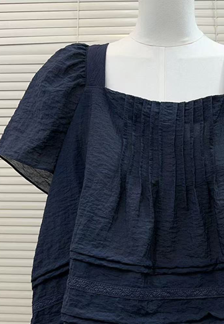 Summer French Navy Blue Square Neck Short Sleeve Baby Shirt CA25061718BK