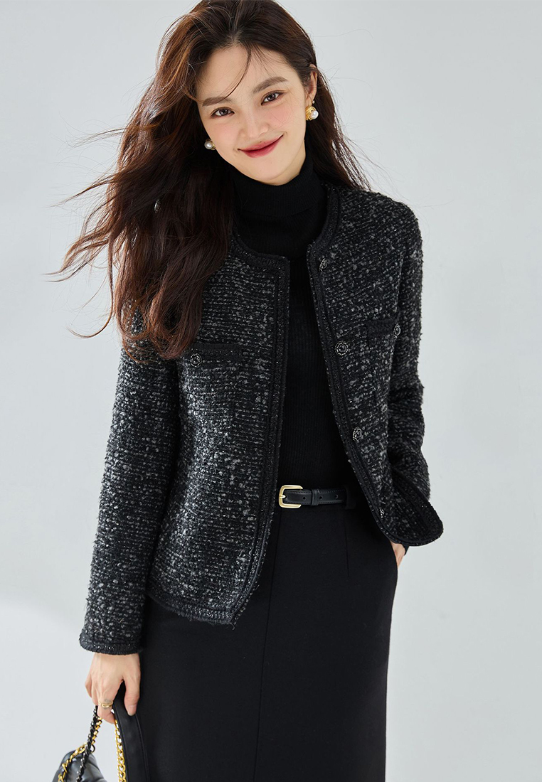Classic elegant black hoop wool tweed jacket CA101917