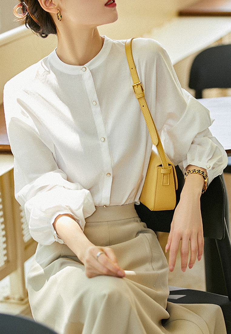 Stylish Lantern Sleeve Design White Blouse CA090817