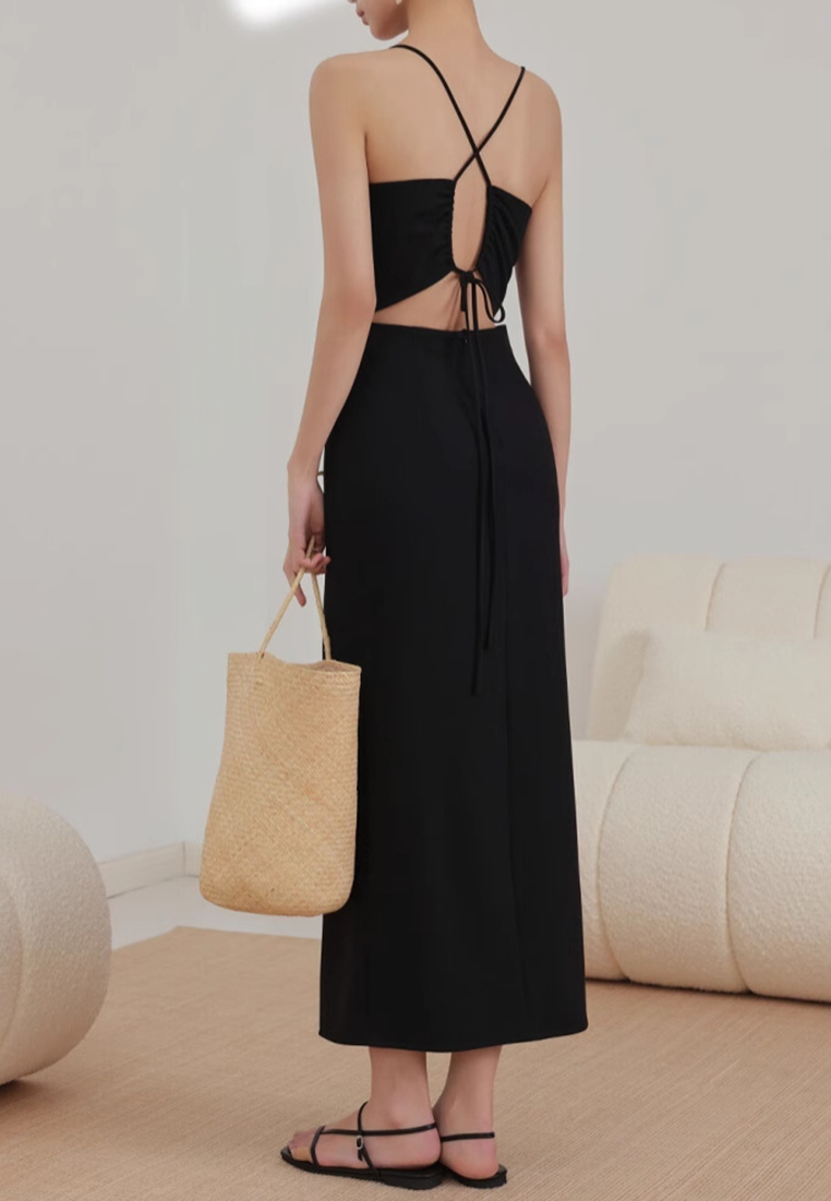2025 Summer New Backless Slit Suspender Little Black Dress CA25032717BK