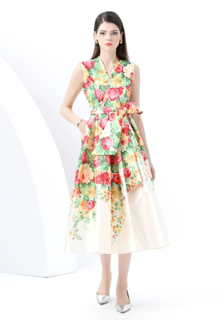 Spring lace up style V-neck sleeveless printed dress CA25031217BE