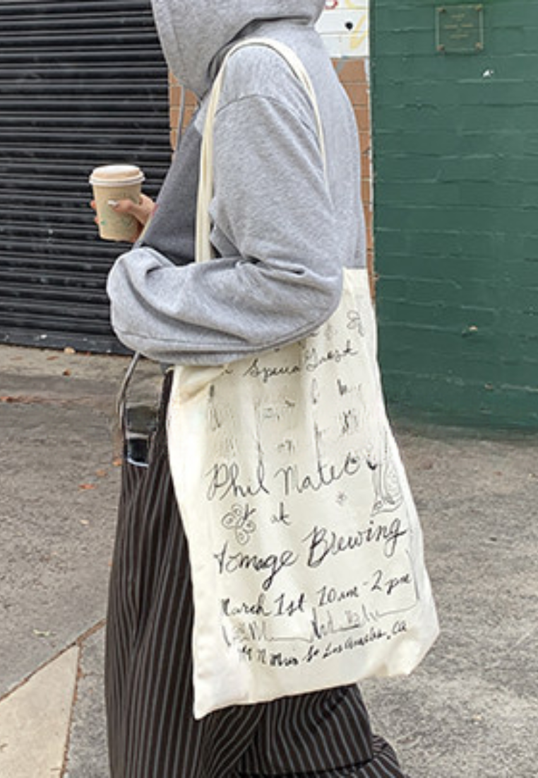 Boho Handwritten Print Canvas Tote Bag Reusable Grocery Shoulder Bag K26041402