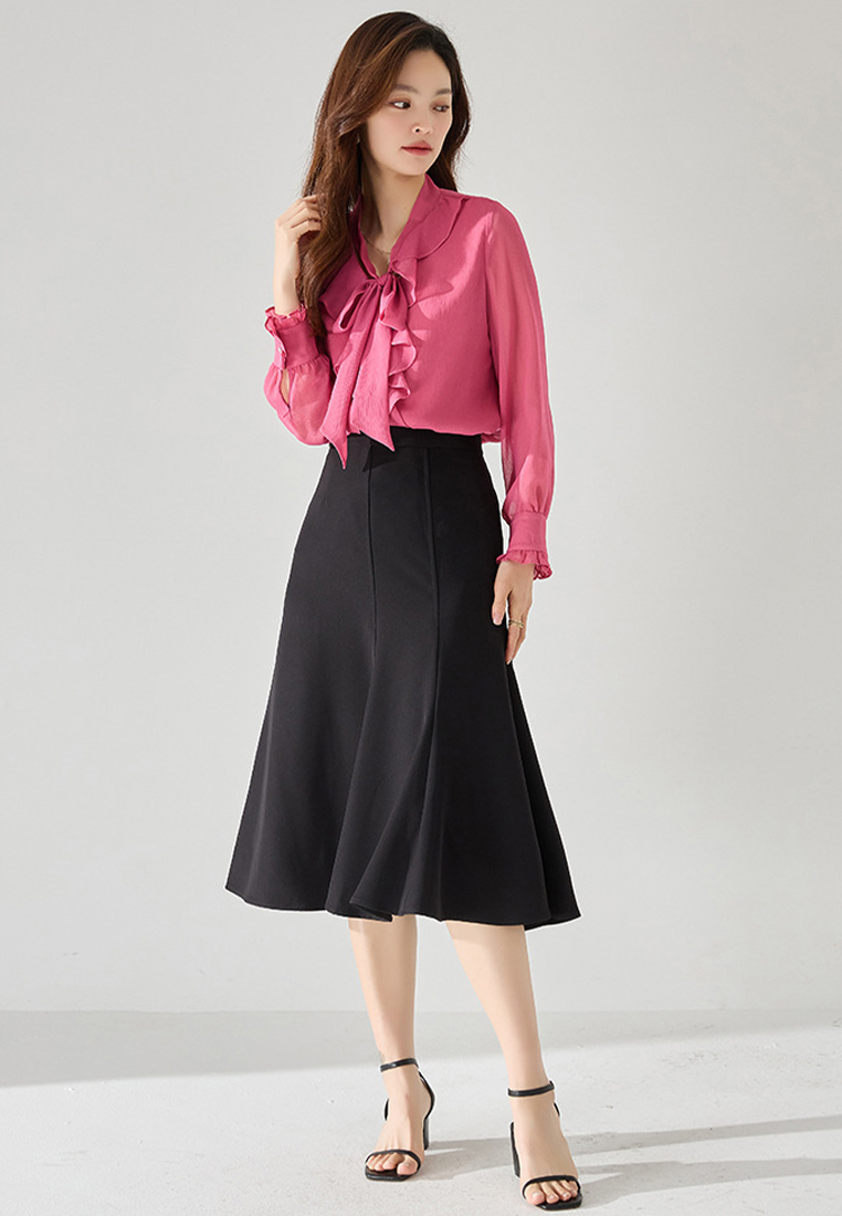 2024 French pink ruffle neck chiffon top CA24091117PI