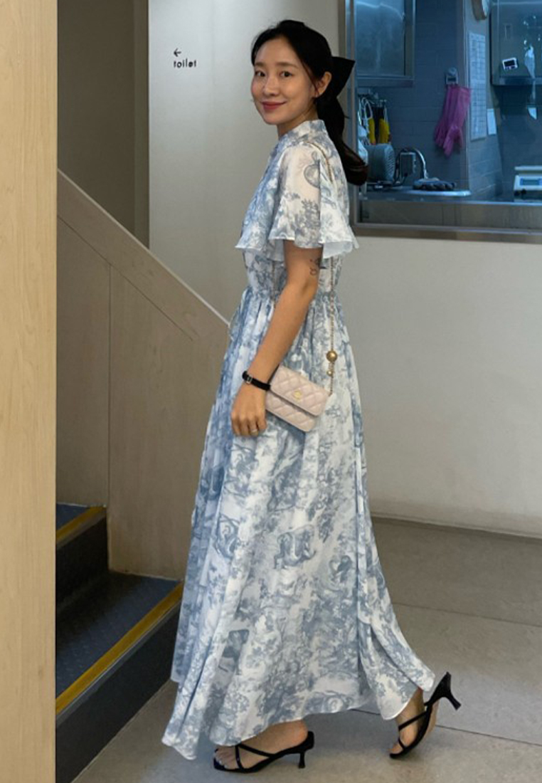 Summer vintage ink wash lace up chiffon dress CA25032717RD