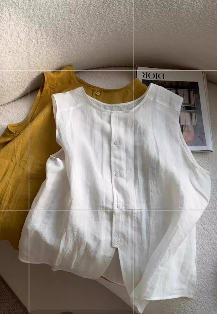 New summer retro round neck linen sleeveless top CA25070917YE