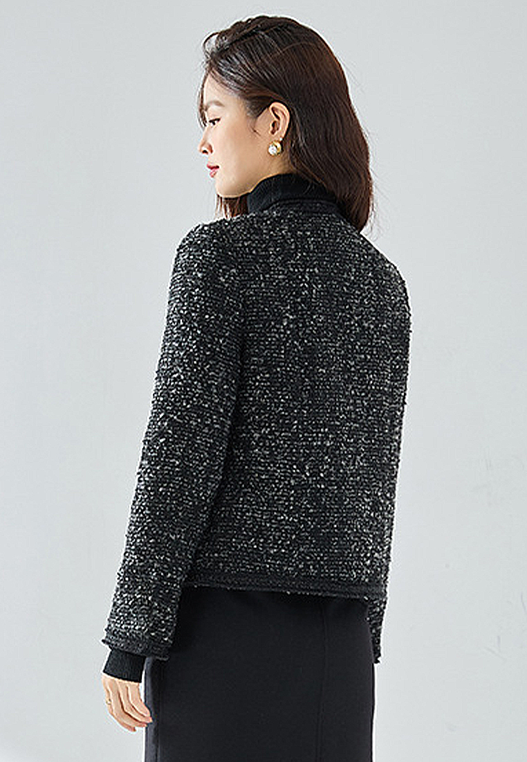 Classic elegant black hoop wool tweed jacket CA101917