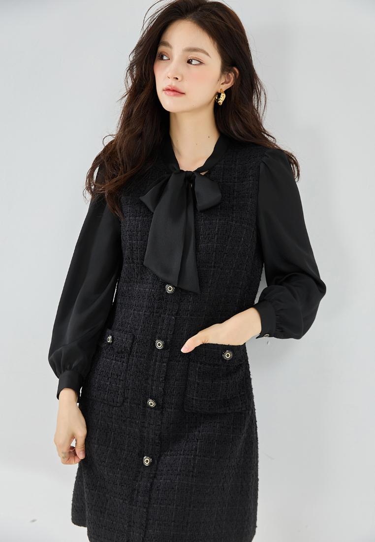 New Elegant Tweed Black One Piece Dress K25112108