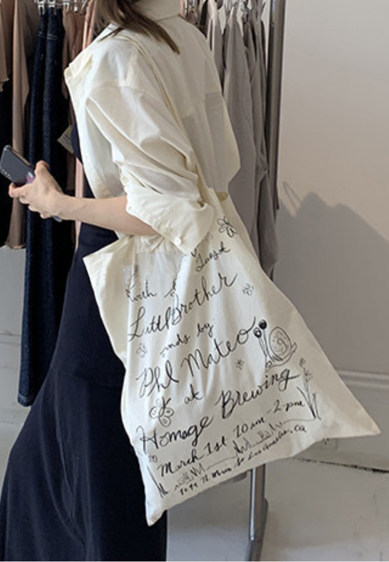 Boho Handwritten Print Canvas Tote Bag Reusable Grocery Shoulder Bag K26041402